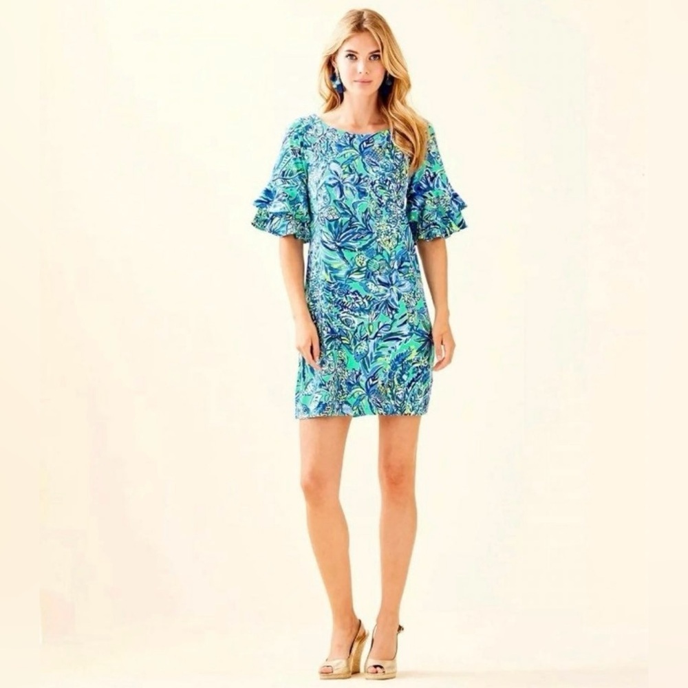 Like New Lilly Pulitzer Lula Bennet Blue Sneak a Peak Frilled Sleeve Dress